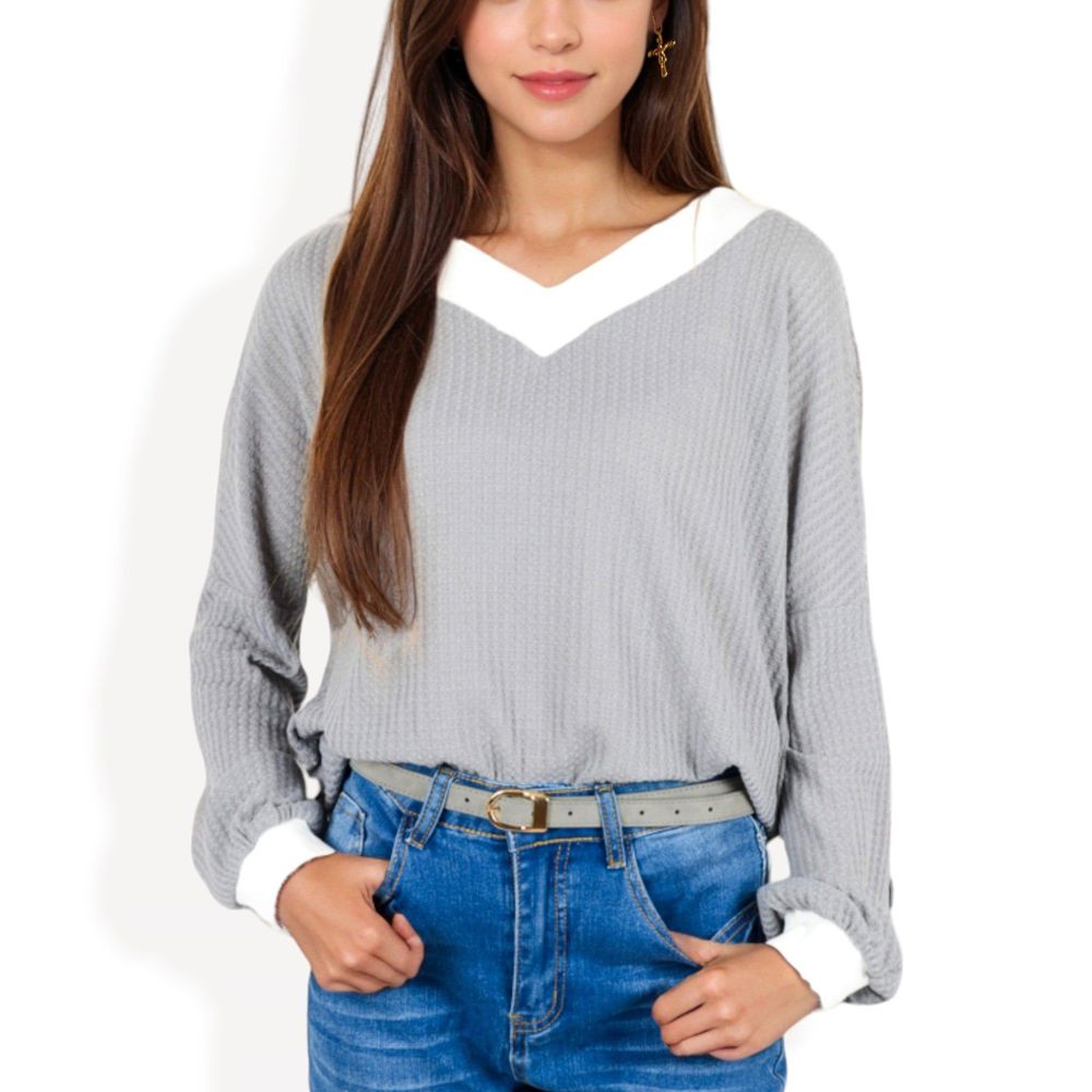 V-Neck Waffle Knit Long Sleeve Top with Contrast Trim and Relaxed Fit