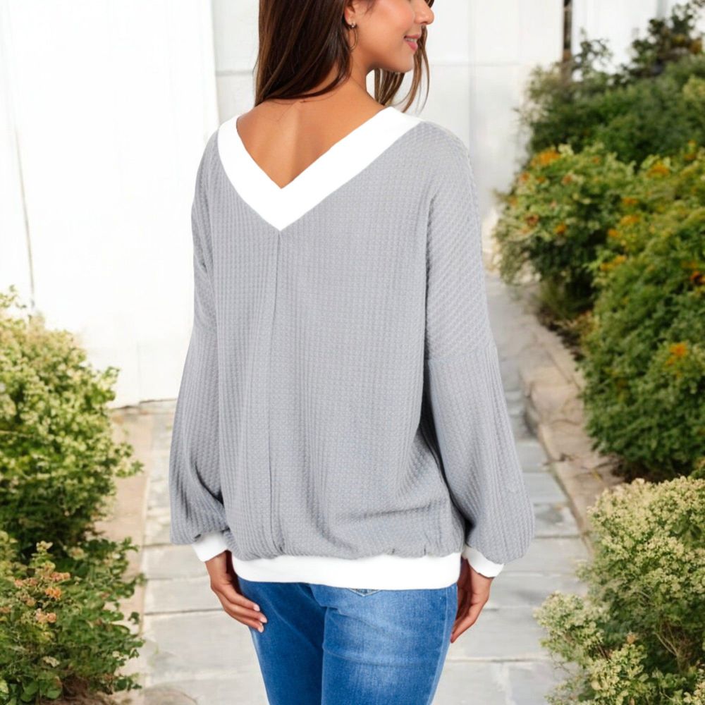 V-Neck Waffle Knit Long Sleeve Top with Contrast Trim and Relaxed Fit