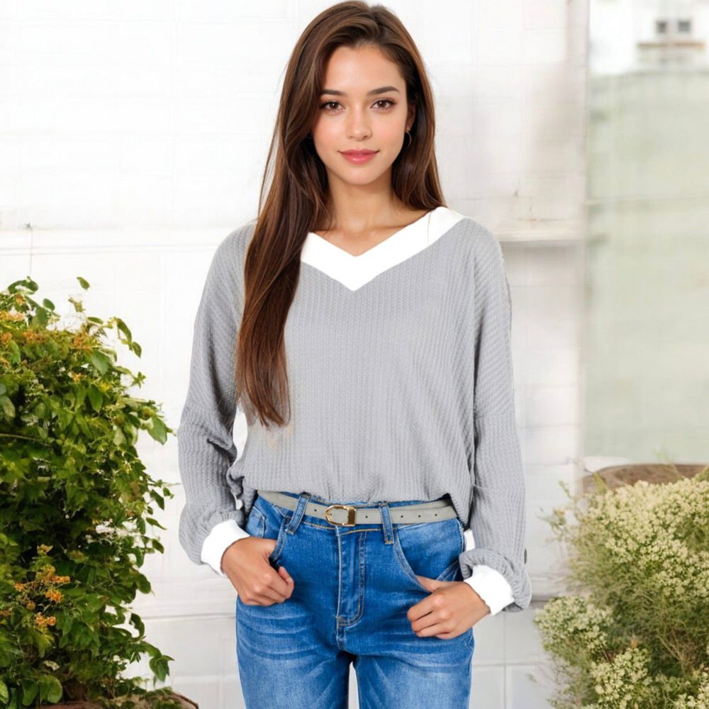 V-Neck Waffle Knit Long Sleeve Top with Contrast Trim and Relaxed Fit