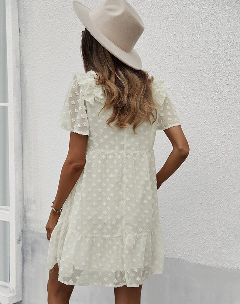 Textured Mini Dress with Ruffle Sleeves and V-Neckline