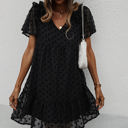 Black Large Textured Mini Dress with Ruffle Sleeves and V-Neckline