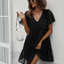 Black Large Textured Mini Dress with Ruffle Sleeves and V-Neckline