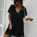 Black Large Textured Mini Dress with Ruffle Sleeves and V-Neckline