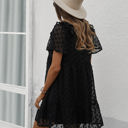 Black Large Textured Mini Dress with Ruffle Sleeves and V-Neckline