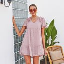 Pink Large Textured Mini Dress with Ruffle Sleeves and V-Neckline