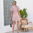 Pink Large Textured Mini Dress with Ruffle Sleeves and V-Neckline