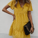 Yellow Large Textured Mini Dress with Ruffle Sleeves and V-Neckline