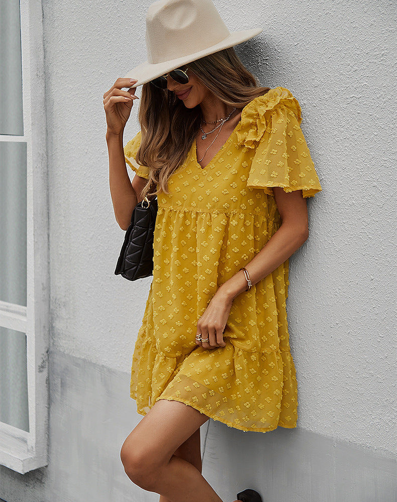 Textured Mini Dress with Ruffle Sleeves and V-Neckline