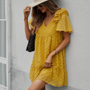 Yellow Large Textured Mini Dress with Ruffle Sleeves and V-Neckline