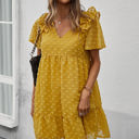 Yellow Large Textured Mini Dress with Ruffle Sleeves and V-Neckline