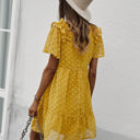 Yellow Large Textured Mini Dress with Ruffle Sleeves and V-Neckline