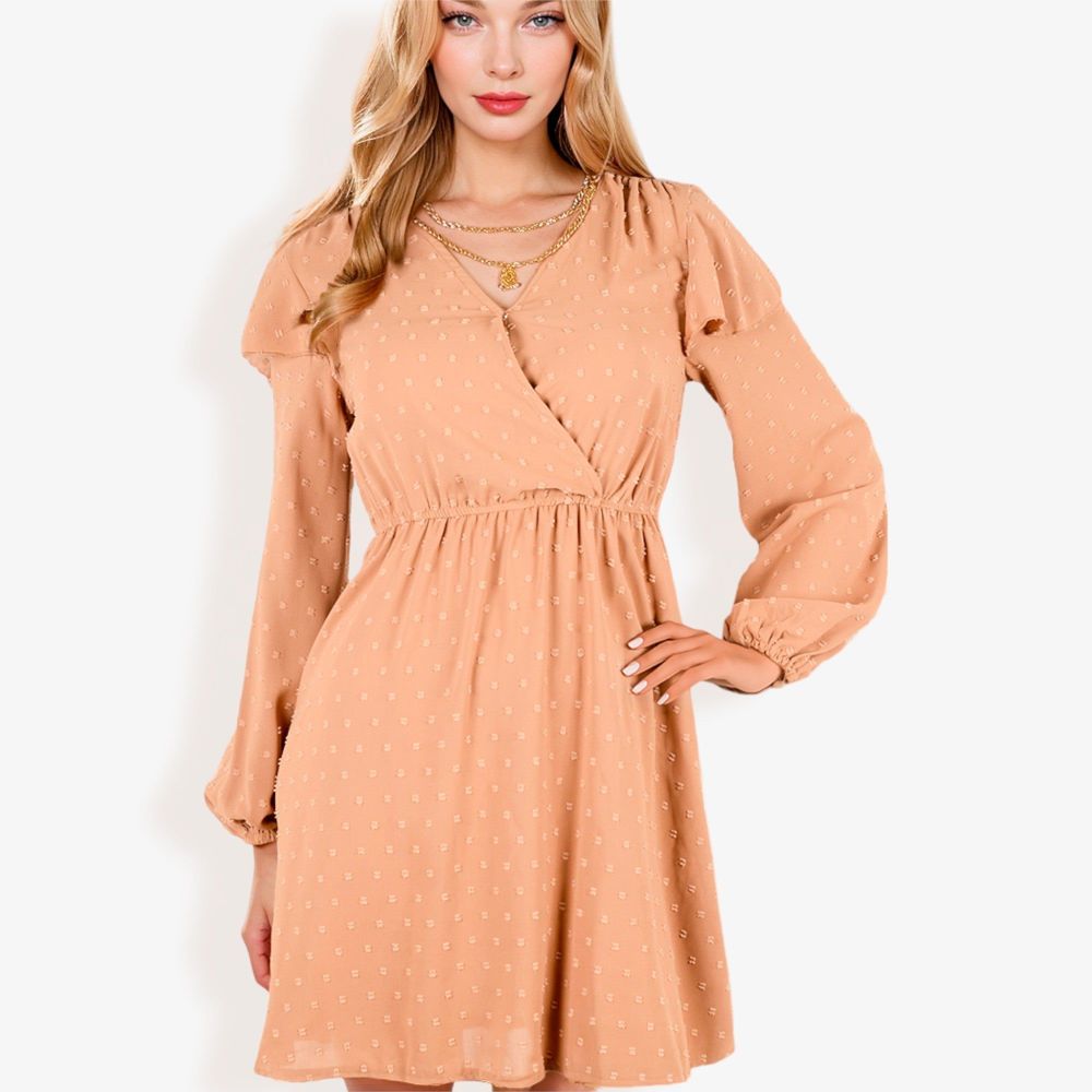 Long Sleeve V-Neck Polka Dot A-Line Dress With Ruffle Shoulders