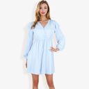 Blue Medium Long Sleeve V-Neck Polka Dot A-Line Dress With Ruffle Shoulders