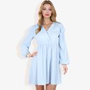 Blue XL Long Sleeve V-Neck Polka Dot A-Line Dress With Ruffle Shoulders