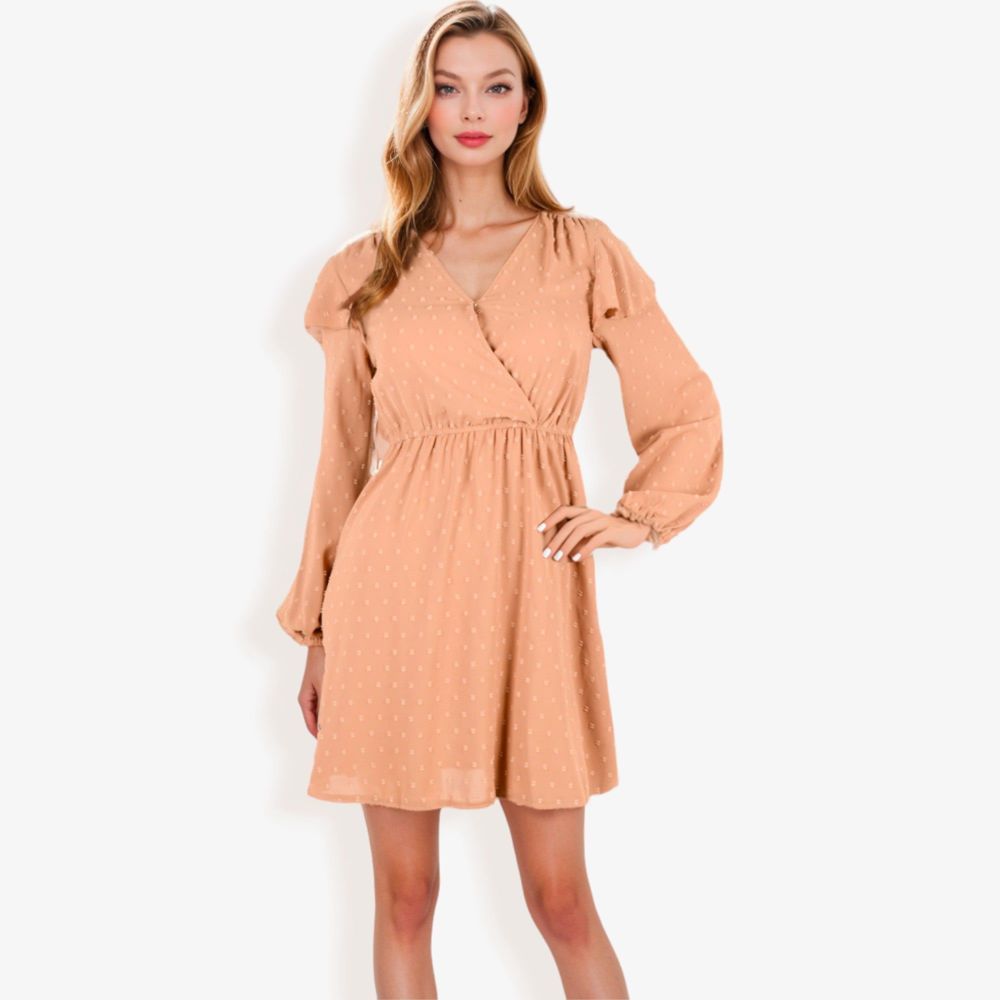 Long Sleeve V-Neck Polka Dot A-Line Dress With Ruffle Shoulders