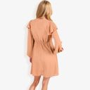 Beige Small Long Sleeve V-Neck Polka Dot A-Line Dress With Ruffle Shoulders