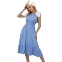 Blue Medium Tie Neck Lace Sleeve Dress