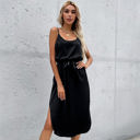 Black Large Satin Midi Dress with Adjustable Straps and Waist Tie Detail