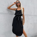 Black Large Satin Midi Dress with Adjustable Straps and Waist Tie Detail