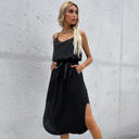 Black Large Satin Midi Dress with Adjustable Straps and Waist Tie Detail