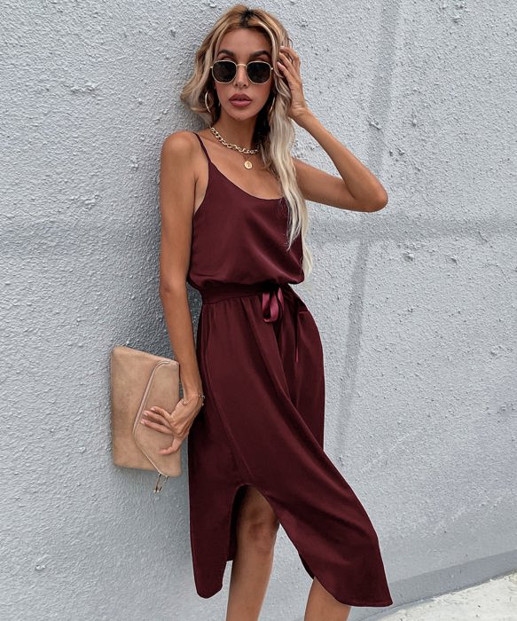 Satin Midi Dress with Adjustable Straps and Waist Tie Detail