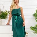 Green Large Satin Midi Dress with Adjustable Straps and Waist Tie Detail