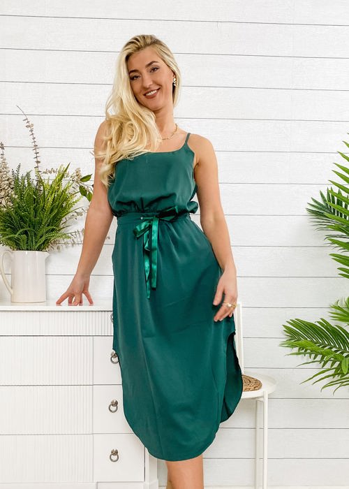 Satin Midi Dress with Adjustable Straps and Waist Tie Detail