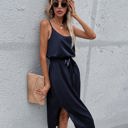 Blue Large Satin Midi Dress with Adjustable Straps and Waist Tie Detail