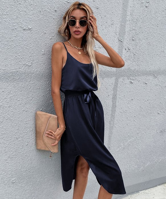 Satin Midi Dress with Adjustable Straps and Waist Tie Detail