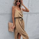 Beige Large Satin Midi Dress with Adjustable Straps and Waist Tie Detail