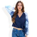  Tie-Dye Sleeve Wrap Top with V-Neck and Waffle Knit Texture