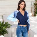  Tie-Dye Sleeve Wrap Top with V-Neck and Waffle Knit Texture