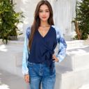 Blue Large Tie-Dye Sleeve Wrap Top with V-Neck and Waffle Knit Texture