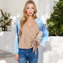 Beige Large Tie-Dye Sleeve Wrap Top with V-Neck and Waffle Knit Texture