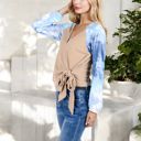 Beige Large Tie-Dye Sleeve Wrap Top with V-Neck and Waffle Knit Texture