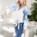 White Large Tie-Dye Sleeve Wrap Top with V-Neck and Waffle Knit Texture