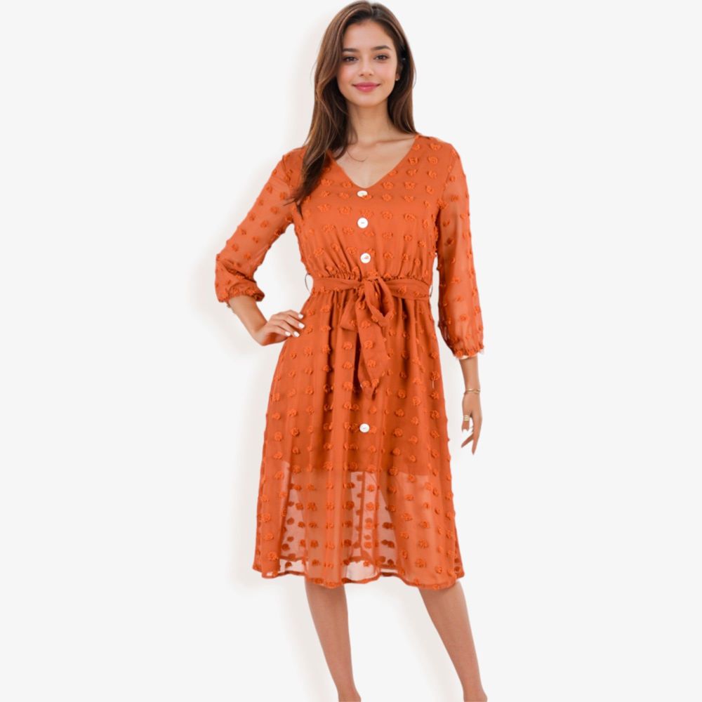 3/4 Sleeve Button Down Dress With Tie Waist And Textured Details