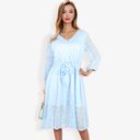 Blue Large 3/4 Sleeve Button Down Dress With Tie Waist And Textured Details