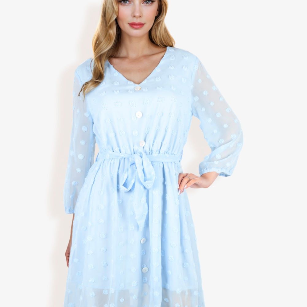 3/4 Sleeve Button Down Dress With Tie Waist And Textured Details