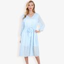 Blue Large 3/4 Sleeve Button Down Dress With Tie Waist And Textured Details