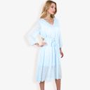 Blue Large 3/4 Sleeve Button Down Dress With Tie Waist And Textured Details