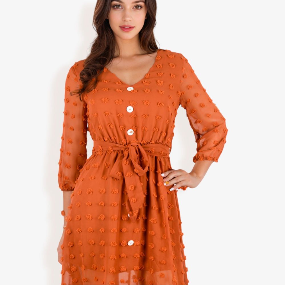 3/4 Sleeve Button Down Dress With Tie Waist And Textured Details