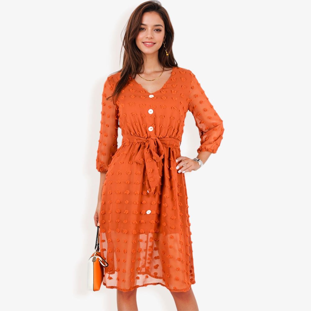 3/4 Sleeve Button Down Dress With Tie Waist And Textured Details