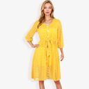 Yellow Medium 3/4 Sleeve Button Down Dress With Tie Waist And Textured Details