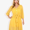 Yellow Medium 3/4 Sleeve Button Down Dress With Tie Waist And Textured Details