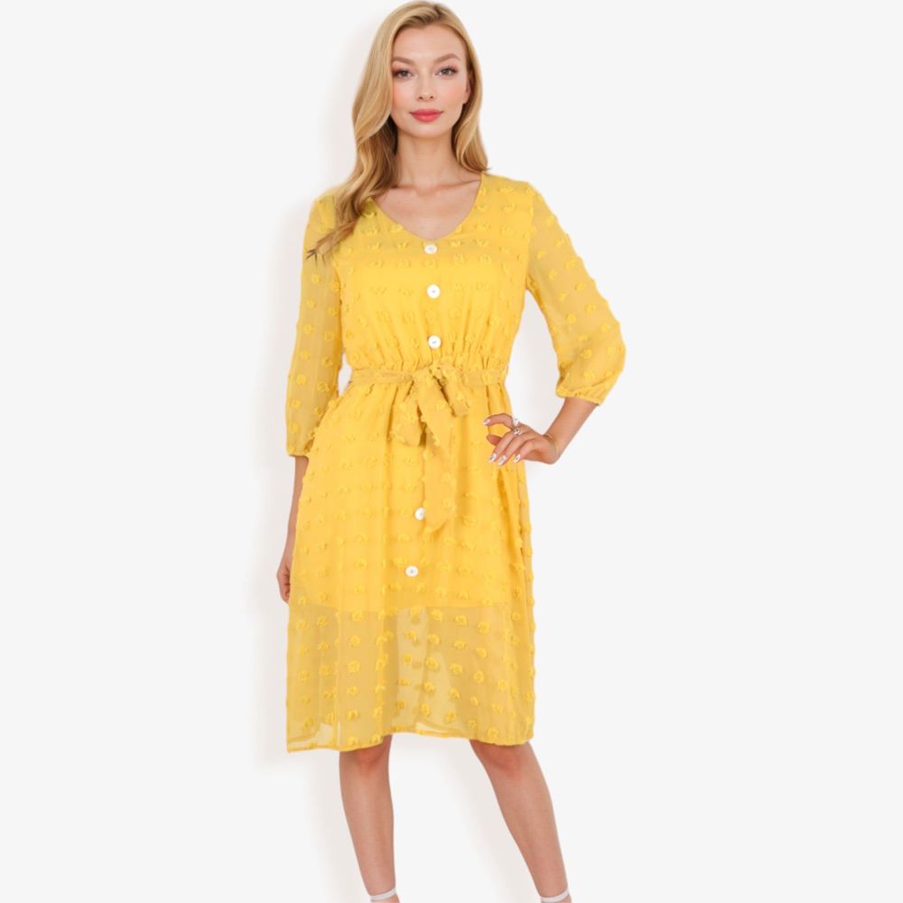 3/4 Sleeve Button Down Dress With Tie Waist And Textured Details