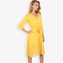 Yellow Medium 3/4 Sleeve Button Down Dress With Tie Waist And Textured Details