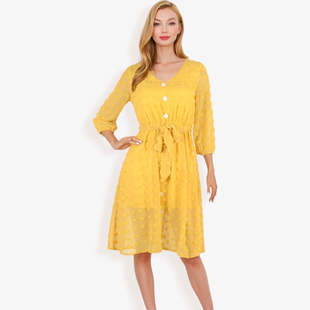 3/4 Sleeve Button Down Dress With Tie Waist And Textured Details