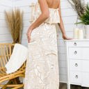 Beige Large Strapless Maxi Dress with Ruffle Bodice and Tropical Leaf Print