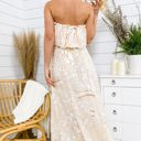 Beige Medium Strapless Maxi Dress with Ruffle Bodice and Tropical Leaf Print